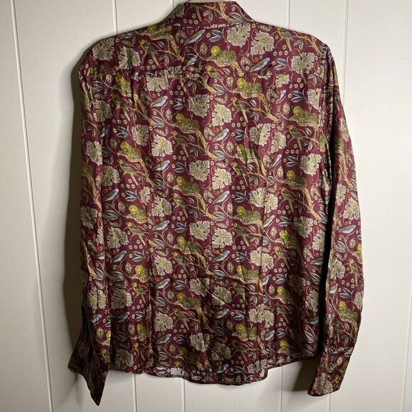 J Crew Top Womens 14 Floral Cheetah Bird Print 100% Silk Blouse Button Up Shirt - Picture 5 of 10